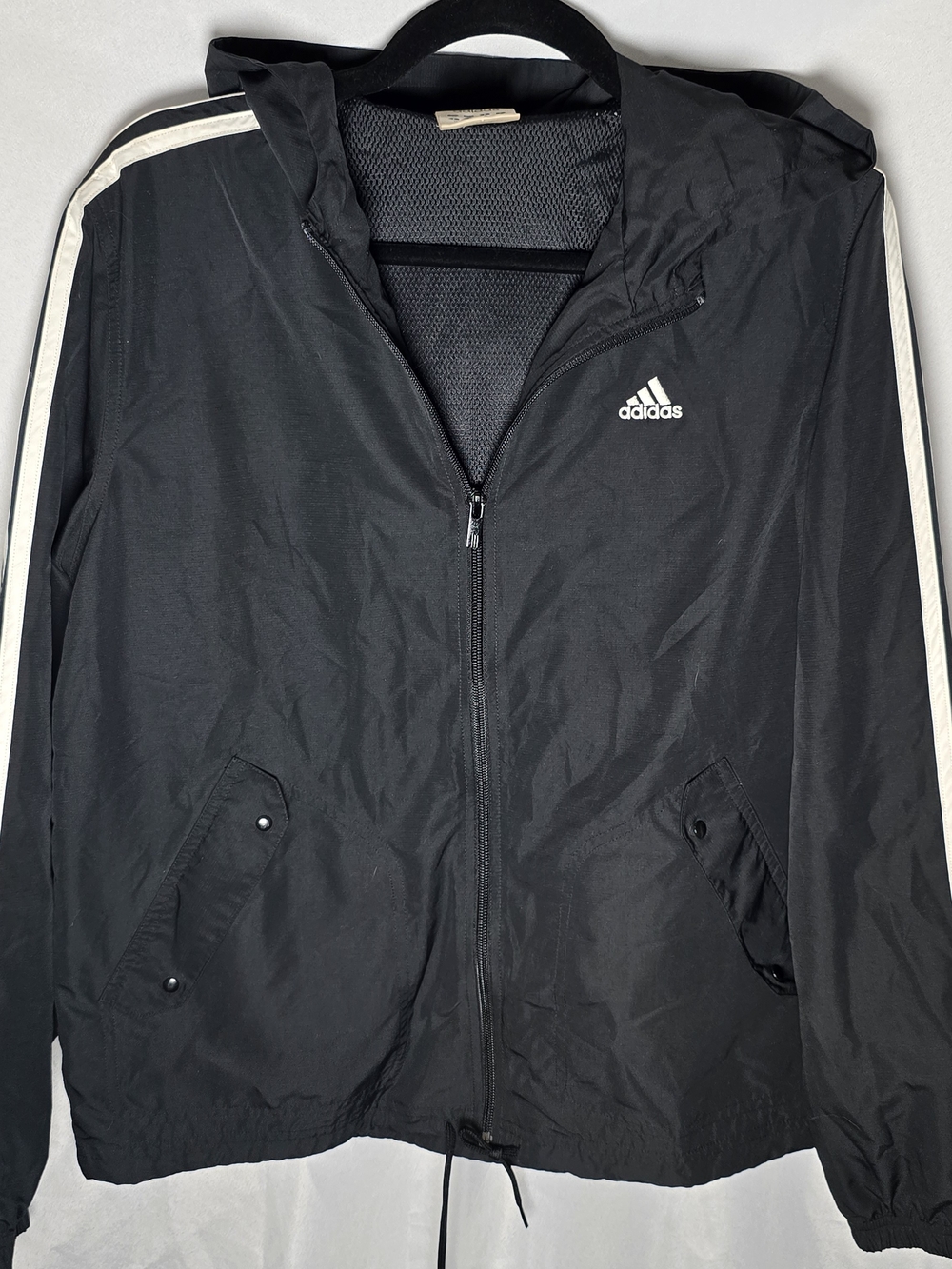 Adidas Women's Black Hooded Windbreaker Jacket with White Stripes, Sz M
